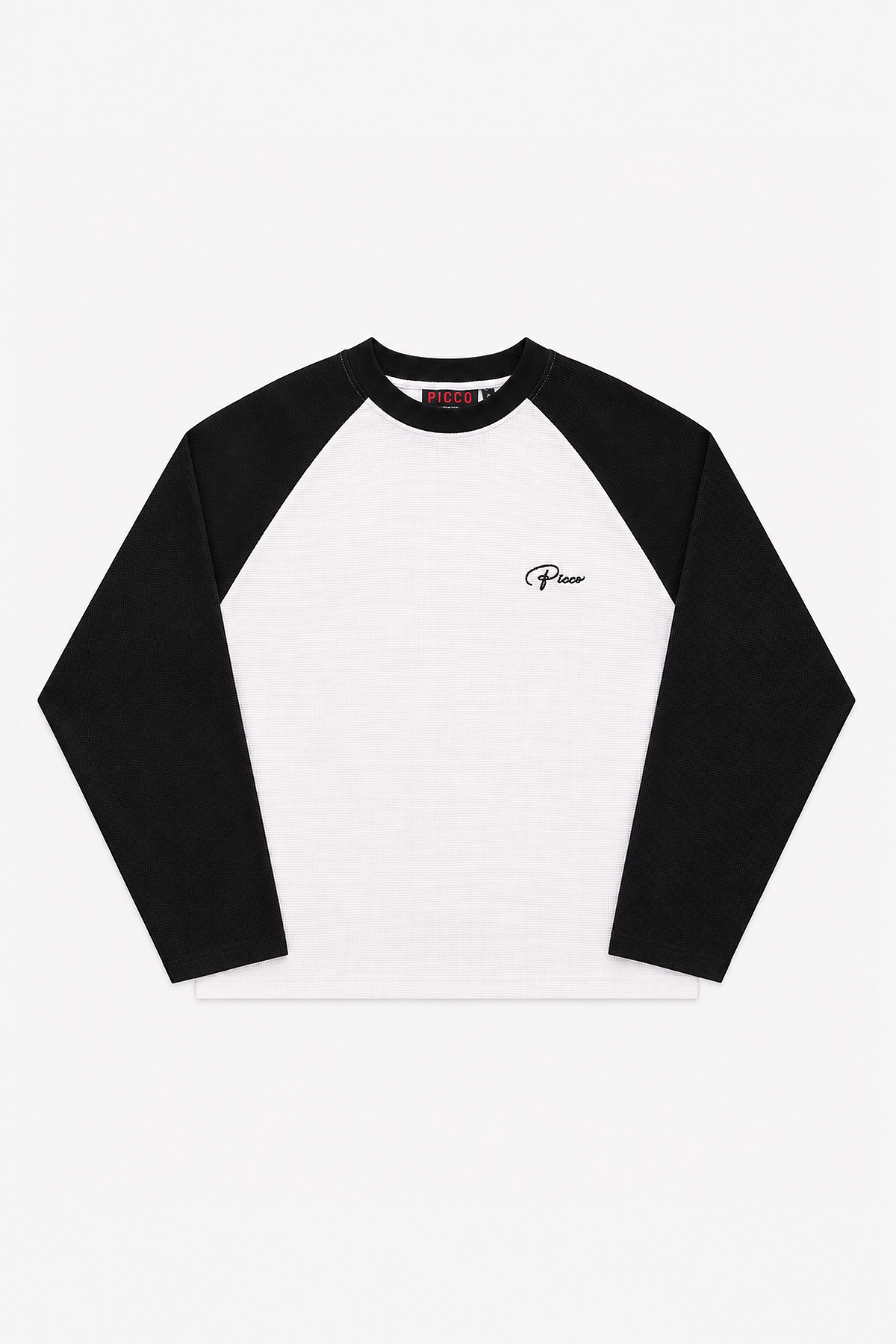 Front of the Seattle Waffle Long Sleeve with white waffle body, black raglan sleeves and embroidered Picco chest logo