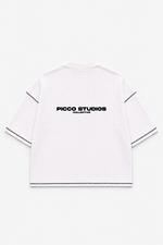 Back of the white Picco Waffle Tee with black embroidered Picco Studios Collective logo and contrast stitching