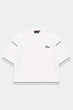 Front of the white Picco Waffle Tee with black embroidered chest logo and contrast stitching