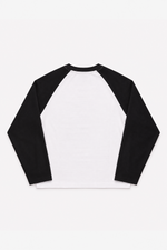 Plain back of the Seattle Waffle Long Sleeve with white waffle body and black raglan sleeves
