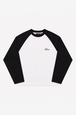 Front of the Seattle Waffle Long Sleeve with white waffle body, black raglan sleeves and embroidered Picco chest logo